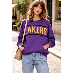 NBA Womans S LAKERS Vintage Y2K Knit Logo Sweater Front Pockets Crewneck Purple